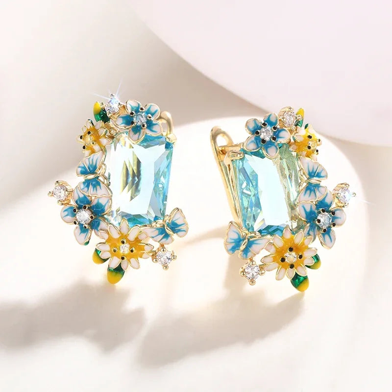 Blue Yellow Flowers Enamel Earrings with Big Sky Blue CZ Aesthetic Drop Earrings for Women Wedding Party Unique Jewelry - EUFASHIONBAGS