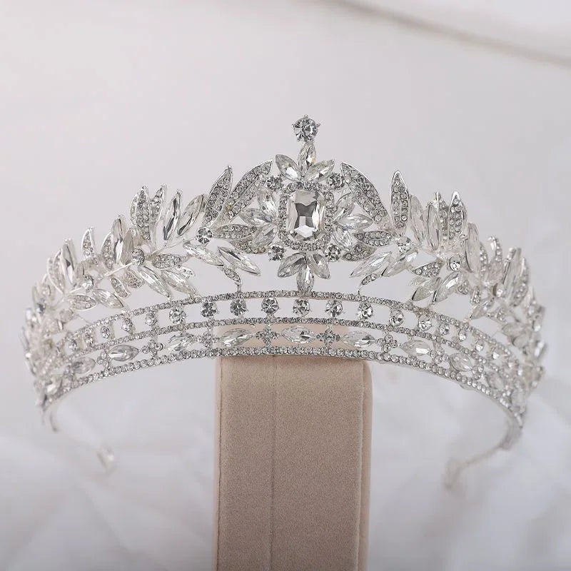 Luxury Royal Queen Crystal Leaf Wedding Crown for Women Rhinestone Diadem Banquet Tiaras Party Costume Hair Jewelry Accessories - EUFASHIONBAGS