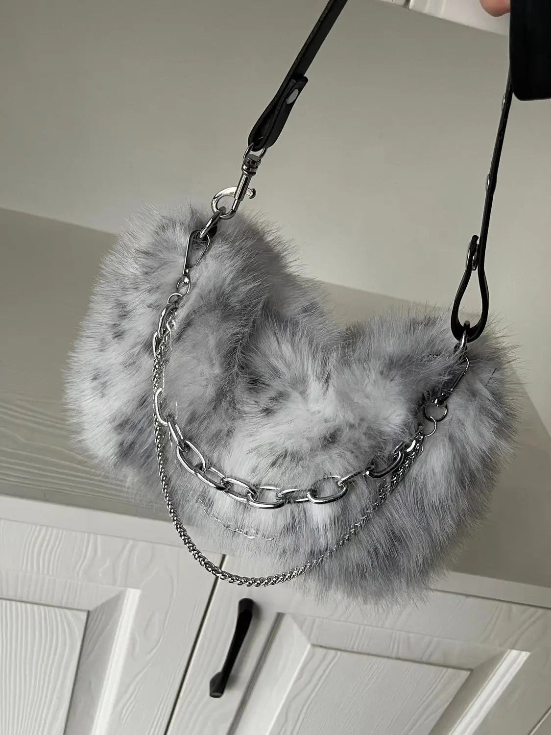 Vintage Y2K Handbag Women Autumn New Hot Girls Chain Plush Soft Shoulder Bag Ladies Harajuku Grey Underarm Bag Aesthetic - EUFASHIONBAGS