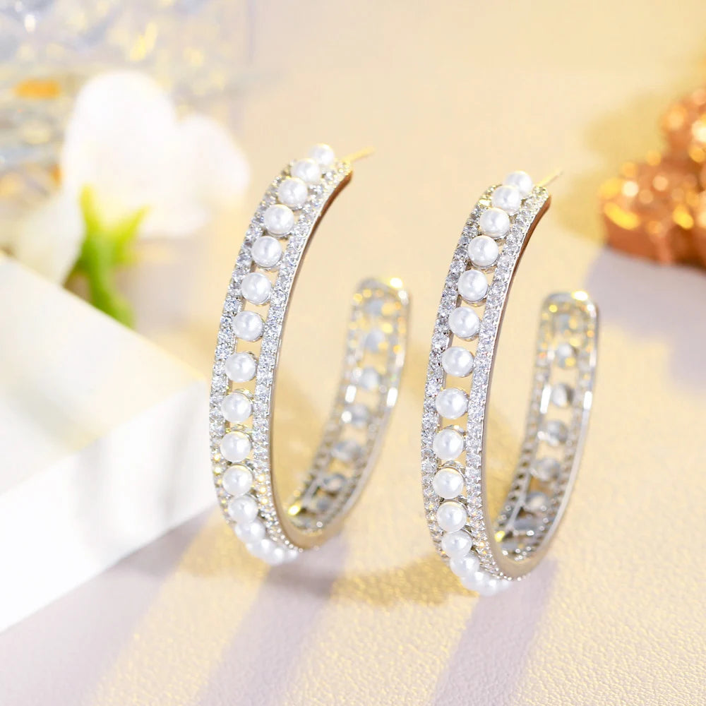 Bling Cubic Zirconia Long Big Half Round Pearl Hoop Earrings for Women Trendy Engagement Wedding Jewelry