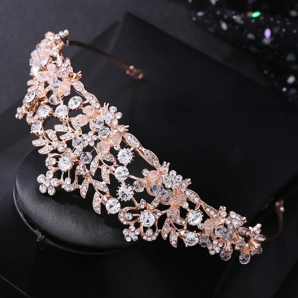 Baroque Luxury Handmade Crystal Beads Flowers Bridal Tiaras Crown Rhinestone Pageant Diadem cz Headband Wedding Hair Accessories - EUFASHIONBAGS