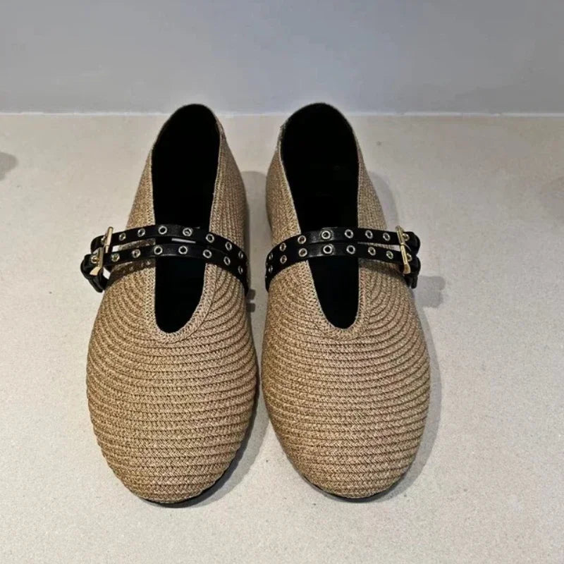 Woven Ballet Flat Shoes Women Brand Designer Shoes Female Belt Buckle Breathable Comfy Casual Twine Round Head Mary Jane Pumps