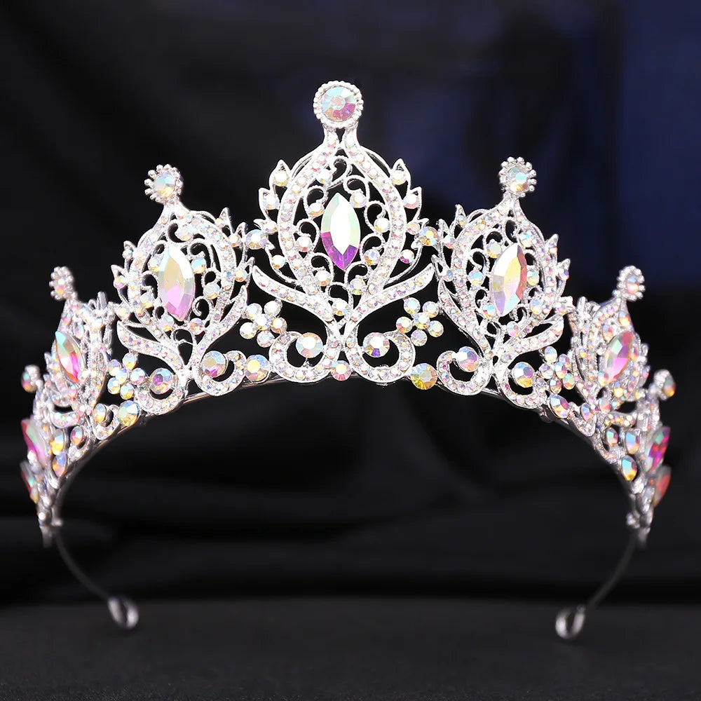 Baroque Luxury Silver AB Color Crystal Bridal Crown Headwear Rhinestone Pageant Diadem Veil Tiara Wedding Hair Dress Accessories - EUFASHIONBAGS