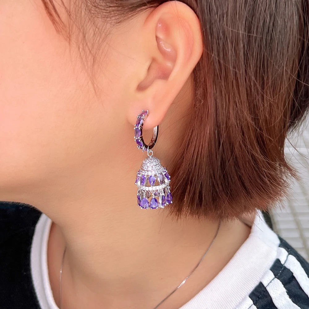 Luxury Purple Cubic Zirconia Chandelier Dangle Water Drop Long Jhumkas Earrings for Women Wedding Party Jewelry - EUFASHIONBAGS