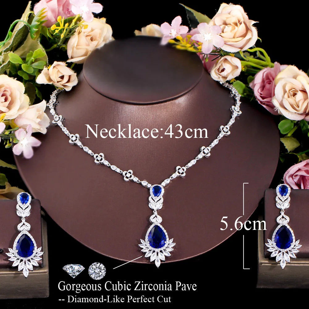 Royal Blue CZ Long Dangle Wedding Earrings Necklace Bridal Evening Party Dress Jewelry Sets for Women - EUFASHIONBAGS