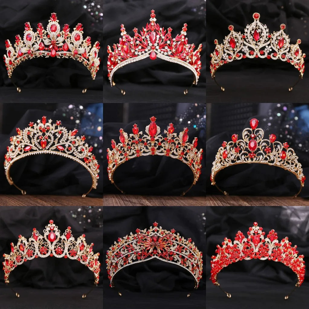 Baroque Gold Color Red Crystal Bridal Tiaras Crowns Rhinestone Pageant Diadem Women Headpieces Wedding Hair Accessories Jewelry