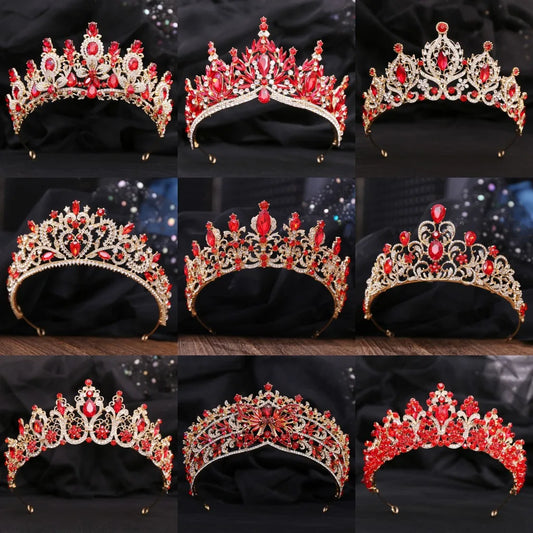 Baroque Gold Color Red Crystal Bridal Tiaras Crowns Rhinestone Pageant Diadem Women Headpieces Wedding Hair Accessories Jewelry - EUFASHIONBAGS