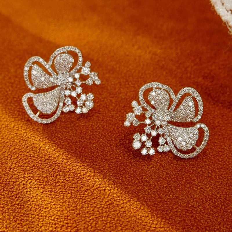 Sparkling Flower Stud Earrings Women Aesthetic Accessories for Engagement Silver Color Shiny Zirconia Jewelry for Wedding