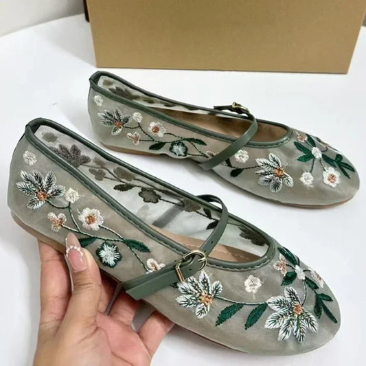 Mesh Embroidered Ballet Flats Shoes Women Round Toe Breathable Soft Sole Footwear Female Flower Designer Mary Jane Shoes Women