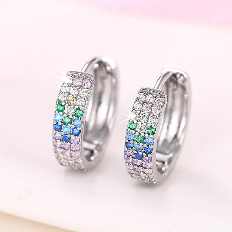 Sparkling Multicolored Tiny Zirconia Earrings Fashion Lady Dainty Silver Color Ear Loop Female Daily Wearable Accessories - EUFASHIONBAGS