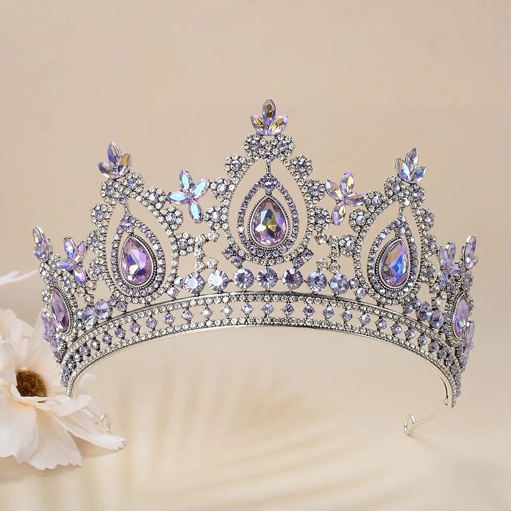 Baroque Antique Silver Color Bling Purple Crystal Royal Crowns Bridal Tiaras Rhinestone Pageant Diadem Wedding Hair Accessories - EUFASHIONBAGS