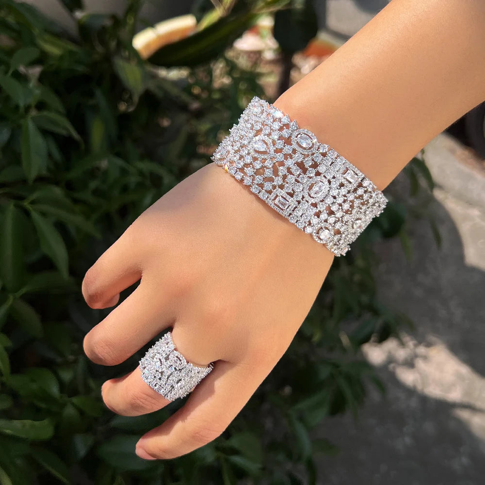 Luxury Chunky Cubic Zirconia Inlay Wide Big Open Cuff Bangle and Ring Dubai Wedding Bridal Party Jewelry Sets - EUFASHIONBAGS