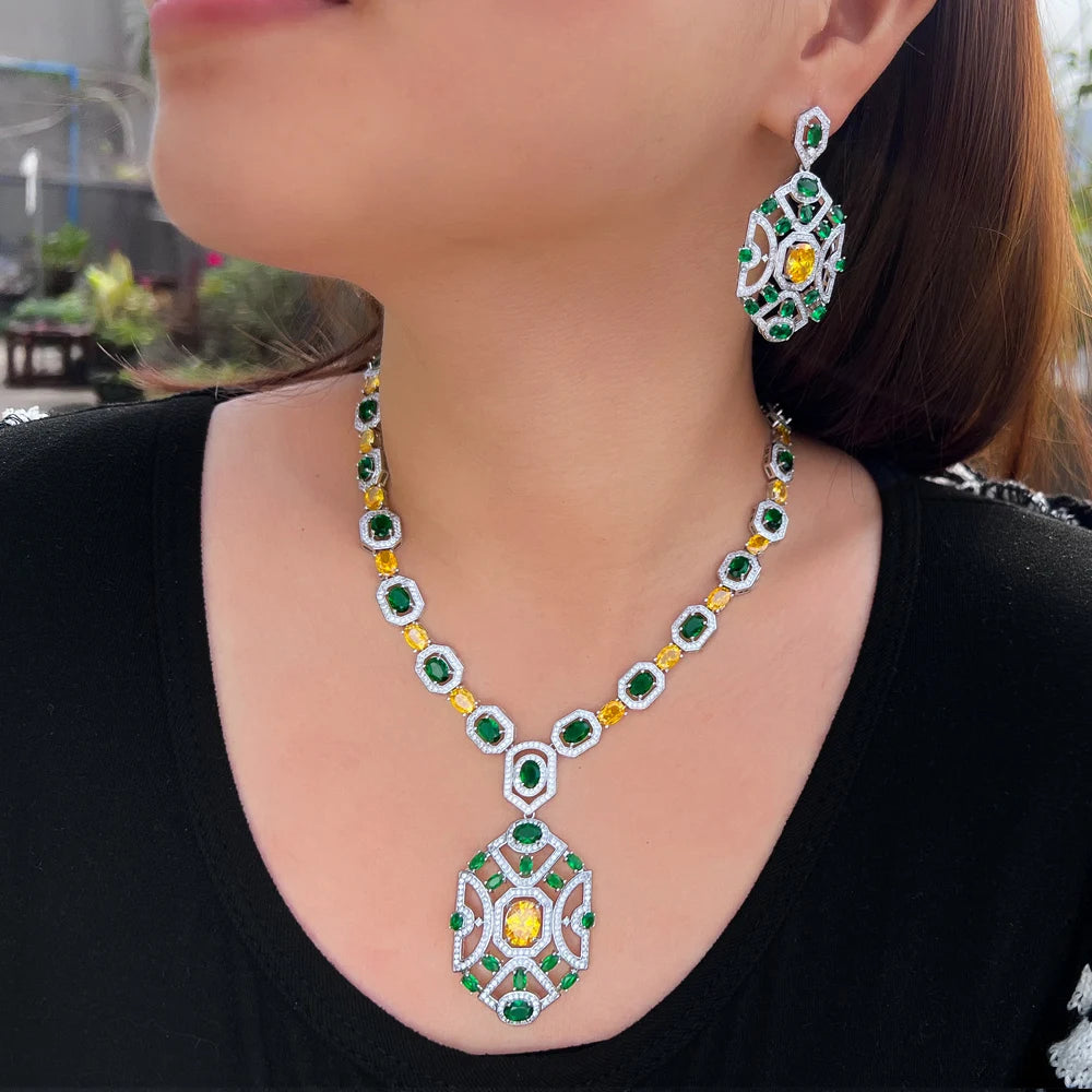 Yellow Green Cubic Zirconia Wedding Banquet Big Chunky Necklace and Earrings Bridal Party Costume Jewelry Sets - EUFASHIONBAGS