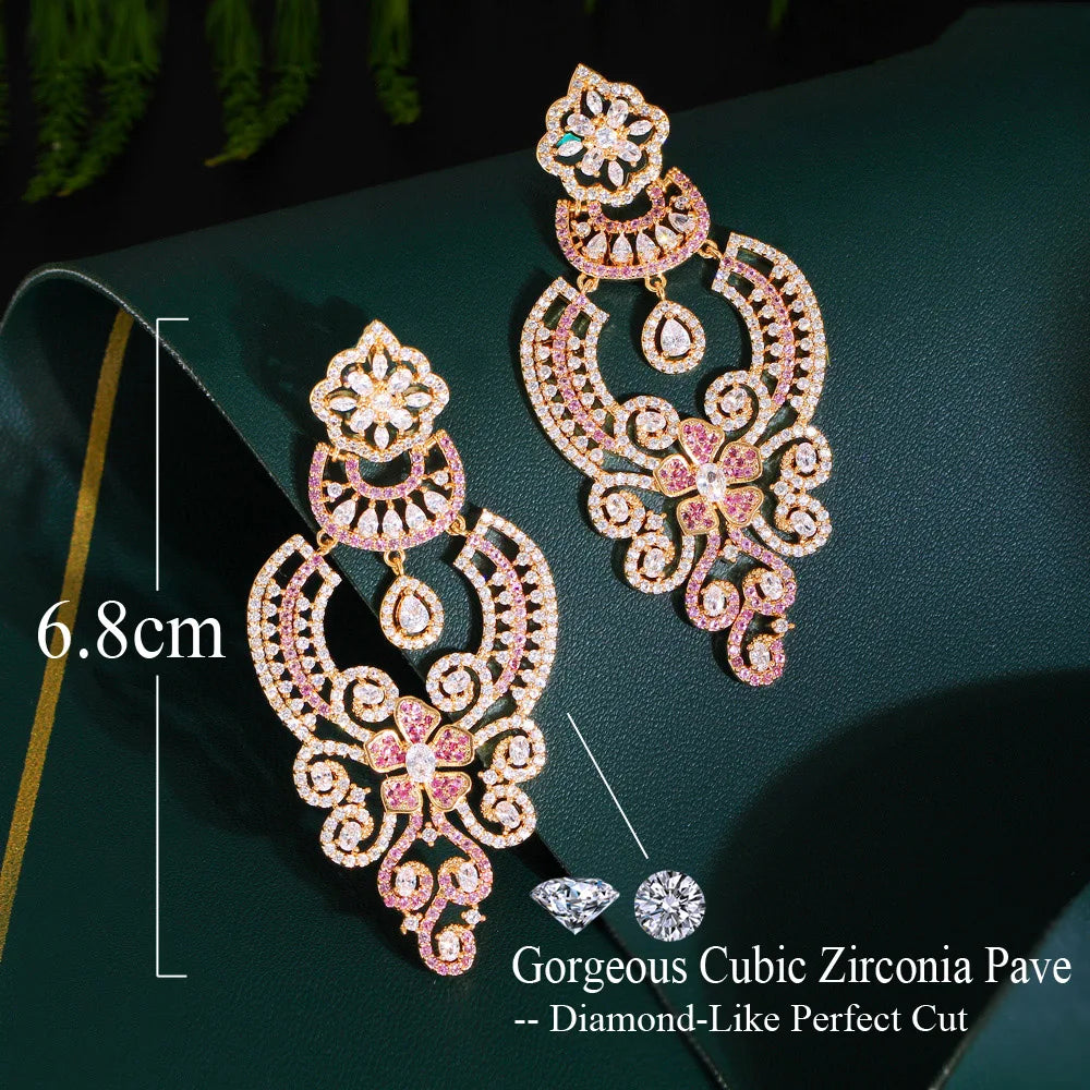 Luxury Statement Pink Red Cubic Zircon Long Big Earrings for Women Vintage Ethinc Wedding Bridal Party Jewelry - EUFASHIONBAGS