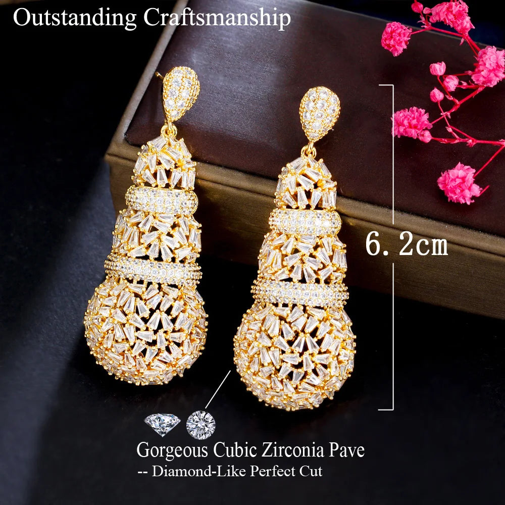 Shiny Chunky Cubic Zirconia Pave Big Luxury Statement African Dubai Gold Plated Long Wedding Earrings for Women - EUFASHIONBAGS