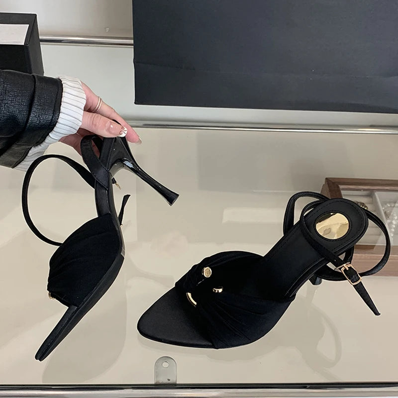 2025 New Fashion Hollow Out Metal Buckle Woman Sandals Cozy Silk Ankle Strap Sexy Pointed Toe High Heels Party Dress Shoes