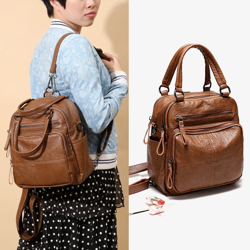 New Fashion Women's Bag Cowhide Backpack Retro Multi functional Bag Three Wearing Methods Large multi-storey