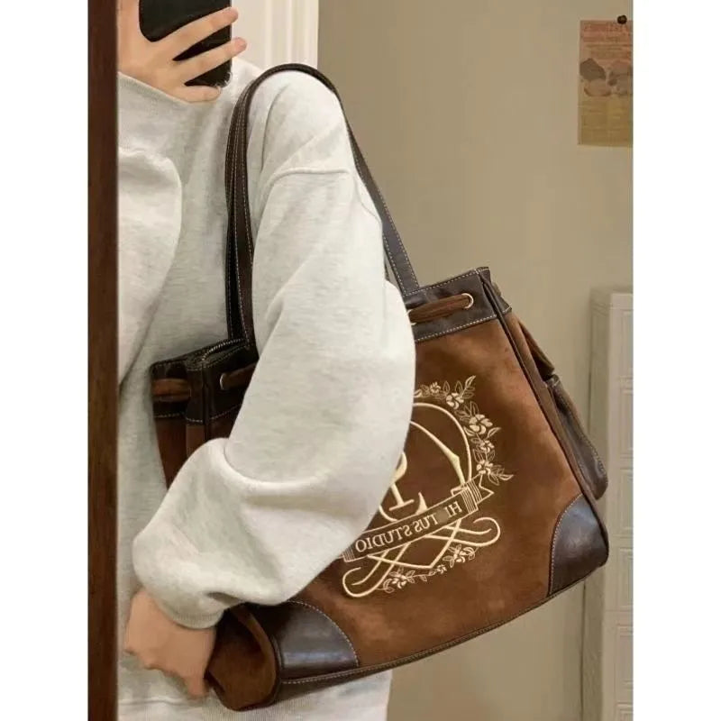 Retro Flower Letter Print Beige Shoulder Bags Women Crown Embroidered Large Tote Bag Female Vintage Y2k Handbag - EUFASHIONBAGS