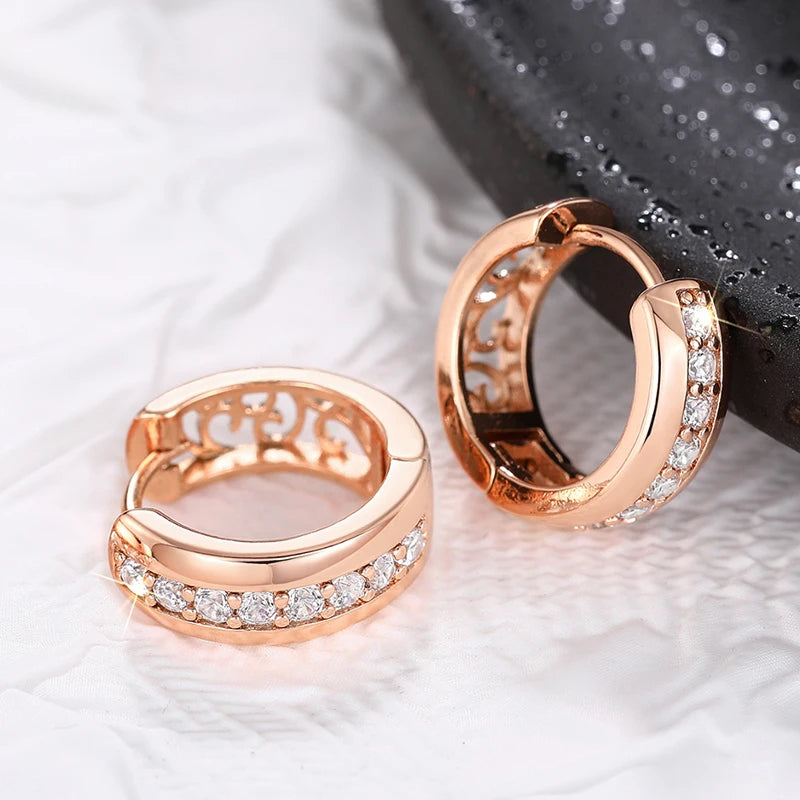 New Rose Gold Color Hoop Earrings with One Line CZ Temperament Women's Circle Earrings Hollow Pattern Statement Jewelry - EUFASHIONBAGS