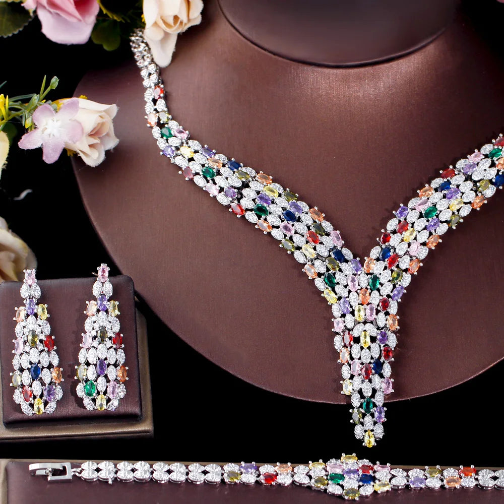 Heavy Cubic Zircon Stone Work Multicolor Big Necklace Arabic Dubai Bridal Jewelry Set Luxury Wedding Accessories