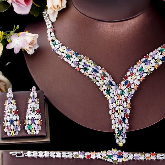 Heavy Cubic Zircon Stone Work Multicolor Big Necklace Arabic Dubai Bridal Jewelry Set Luxury Wedding Accessories - EUFASHIONBAGS