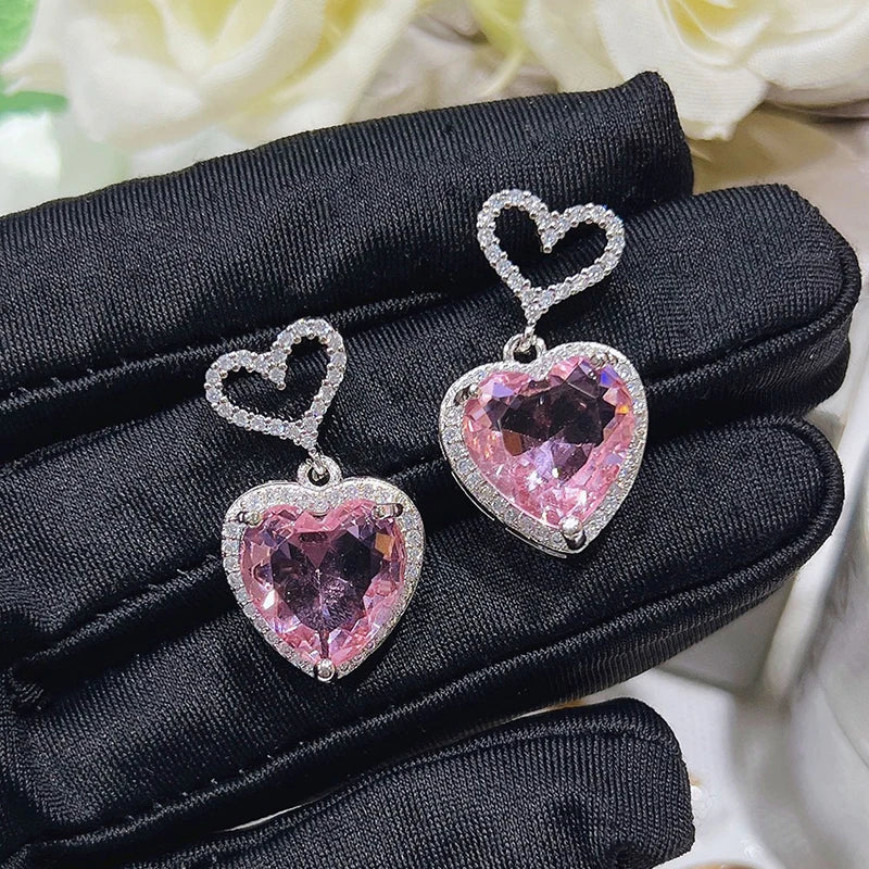 Temperament Heart Pink Cubic Zirconia Earrings for Women Engagement Wedding Trendy Luxury Ear Accessories Fashion Jewelry - EUFASHIONBAGS