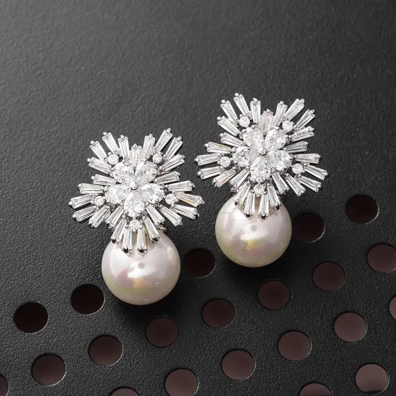 Flower Design Simulated Pearl Earrings for Women Gorgeous Cubic Zirconia Drop Earrings Aesthetic Female Accessory Jewelry - EUFASHIONBAGS