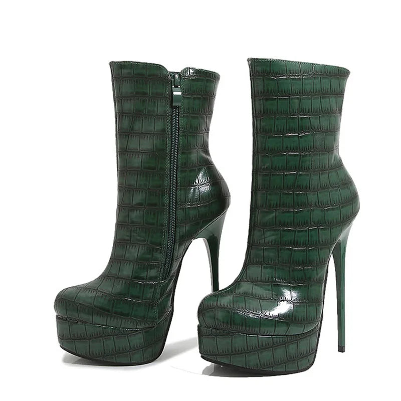 Big Size 44 45 46 Platform Boots For Women Green Snake Print Leather Round Toe 15CM Super High Heels Strip Pole Dance Shoe