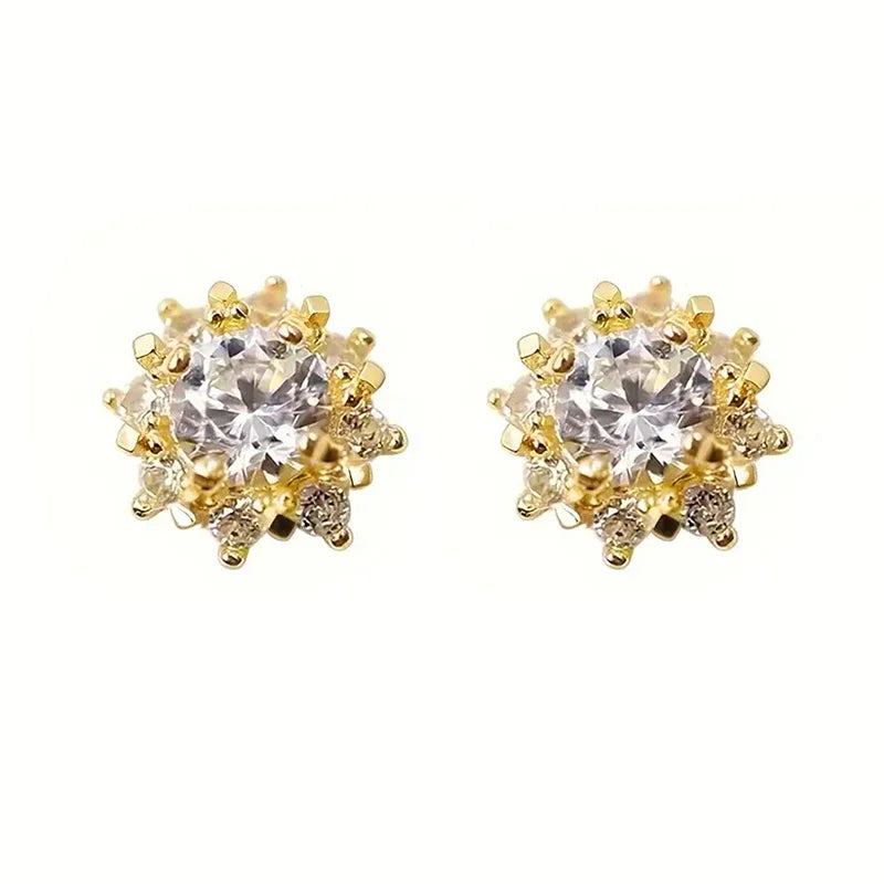 Flower Cubic Zirconia Stud Earrings for Women Aesthetic Shiny Accessories Simple Creative Charms Party Jewelry