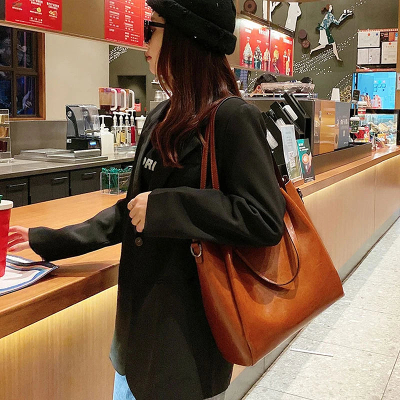 Genuine Leather Women Tote Bag Large High Quality Cowhide Women's Shoulder Bags Wrinkled Opening Fashion Handbag