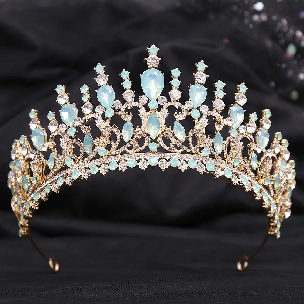 New Luxury Gold Color Green Opal Crystal Flower Water Drop Tiaras Crown Women Wedding Party Diadem Bridal Crown Hair Accessories - EUFASHIONBAGS