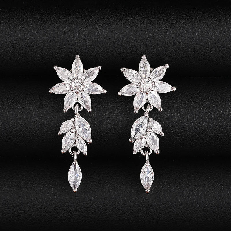 Sparkling Cubic Zirconia Dangle Earrings Women Aesthetic Flower Design Luxury Bridal Wedding Earrings New Fashion Jewelry