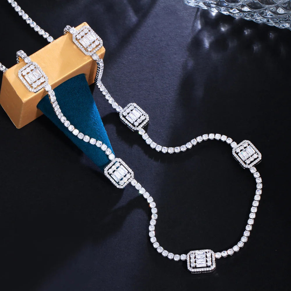 Bling Baguette CZ Cubic Zircon Pave Silver Color Women Long Sweater Chain Necklace Dubai Bridal Prom Jewelry - EUFASHIONBAGS