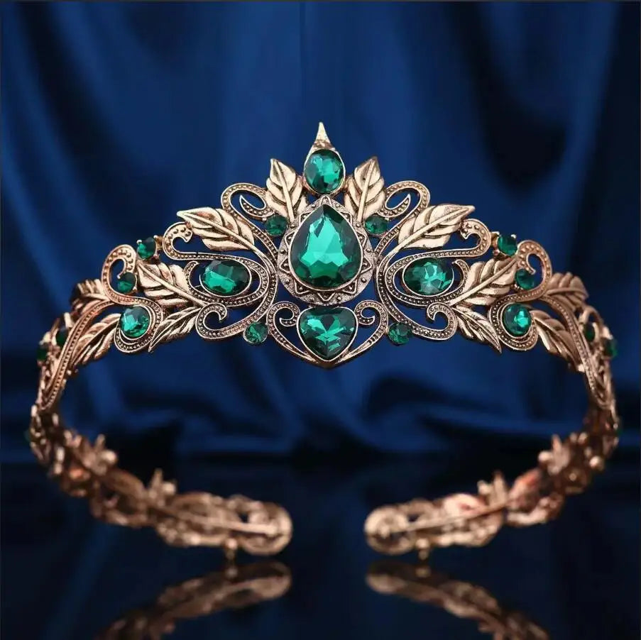 Vintage Bronze Emerald Green Fairy Crown Tiaras Crystal Leaves Elf Tiara Bandana Hair Accessories for Women Costume Hair Jewelry