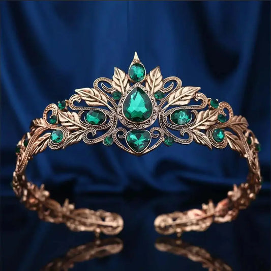 Vintage Bronze Emerald Green Fairy Crown Tiaras Crystal Leaves Elf Tiara Bandana Hair Accessories for Women Costume Hair Jewelry - EUFASHIONBAGS