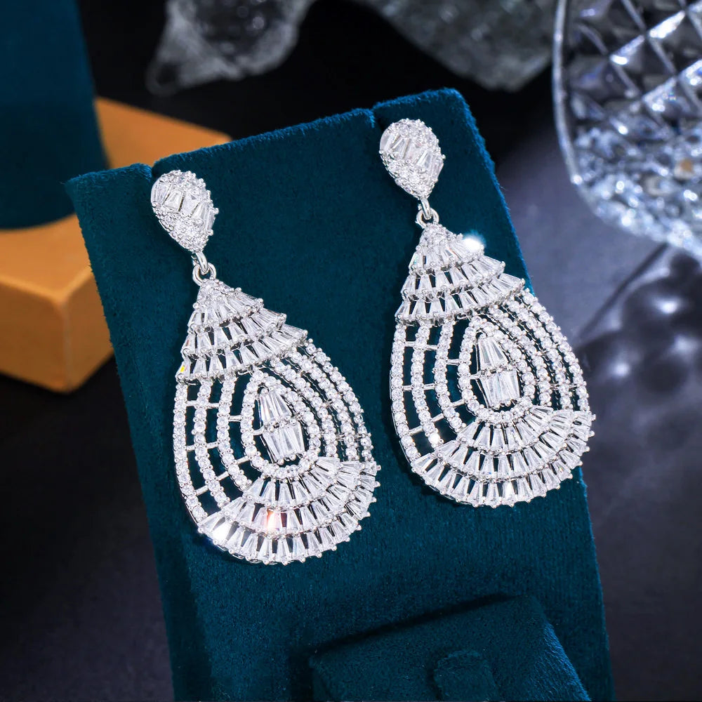 Glamorous White Cubic Zircon Paved White Gold Color Long Dangling Drop Brides Wedding Earring Jewelry for Women - EUFASHIONBAGS