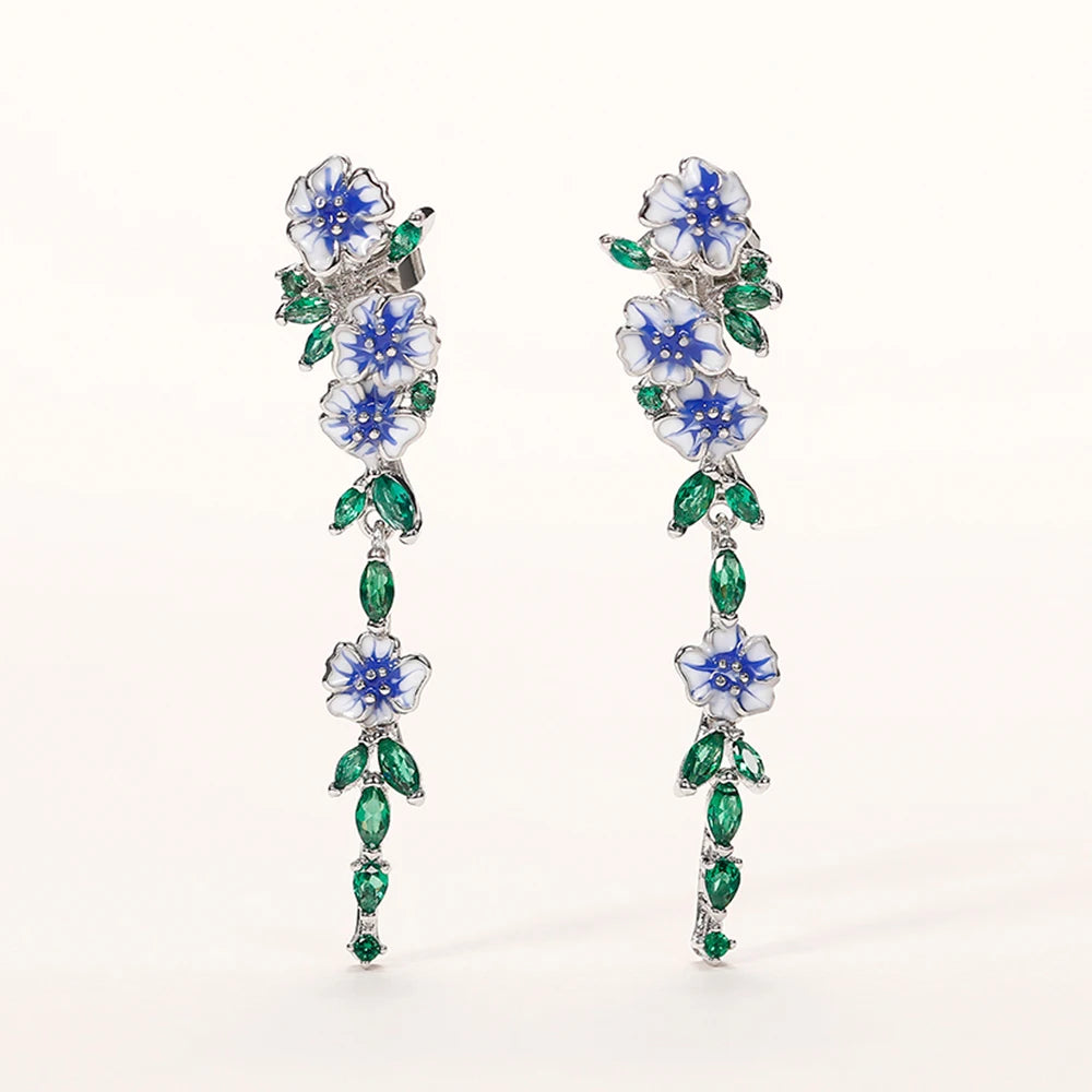 Aesthetic Blue Trumpet Flower Long Hanging Earrings for Women Unique Bridal Wedding Earrings Dance Party Trendy Jewelry