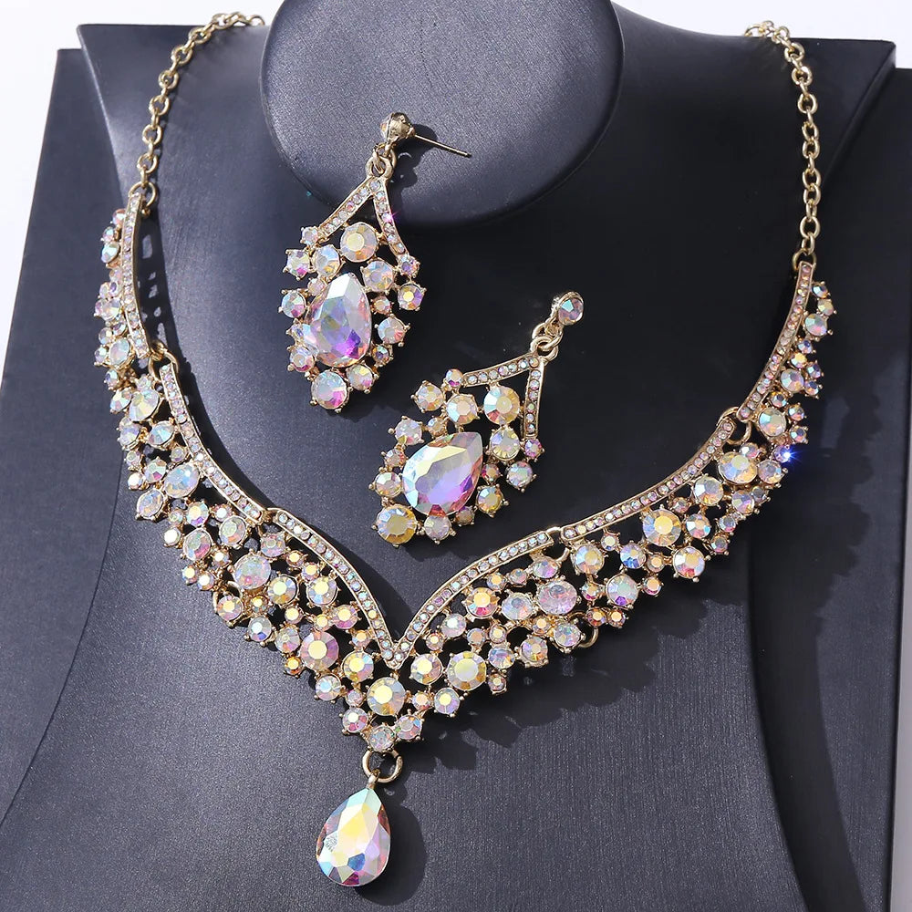 Exquisite Luxury Water Drop Crystal Bridal Jewelry Sets for Women Chokers Necklace Earrings Set Wedding Dress Dubai Jewelry Set - EUFASHIONBAGS