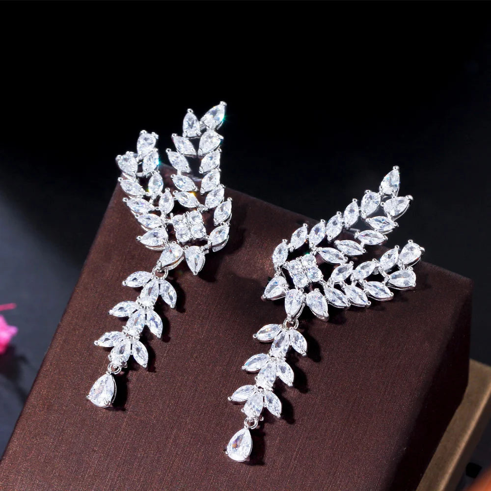 Chic Leaf Wing Delicate Cubic Zircon White Gold Plated Big Long Dangle Party Engagement Earrings for Women Gift - EUFASHIONBAGS