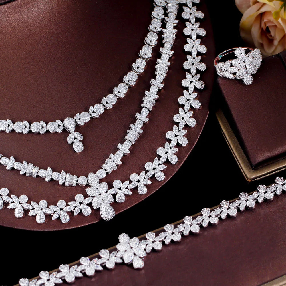 4pcs Full Luxury Multi Layered Triple Big Necklace Dubai Nigerian Heavy CZ Wedding Jewelry Sets for Brides - EUFASHIONBAGS