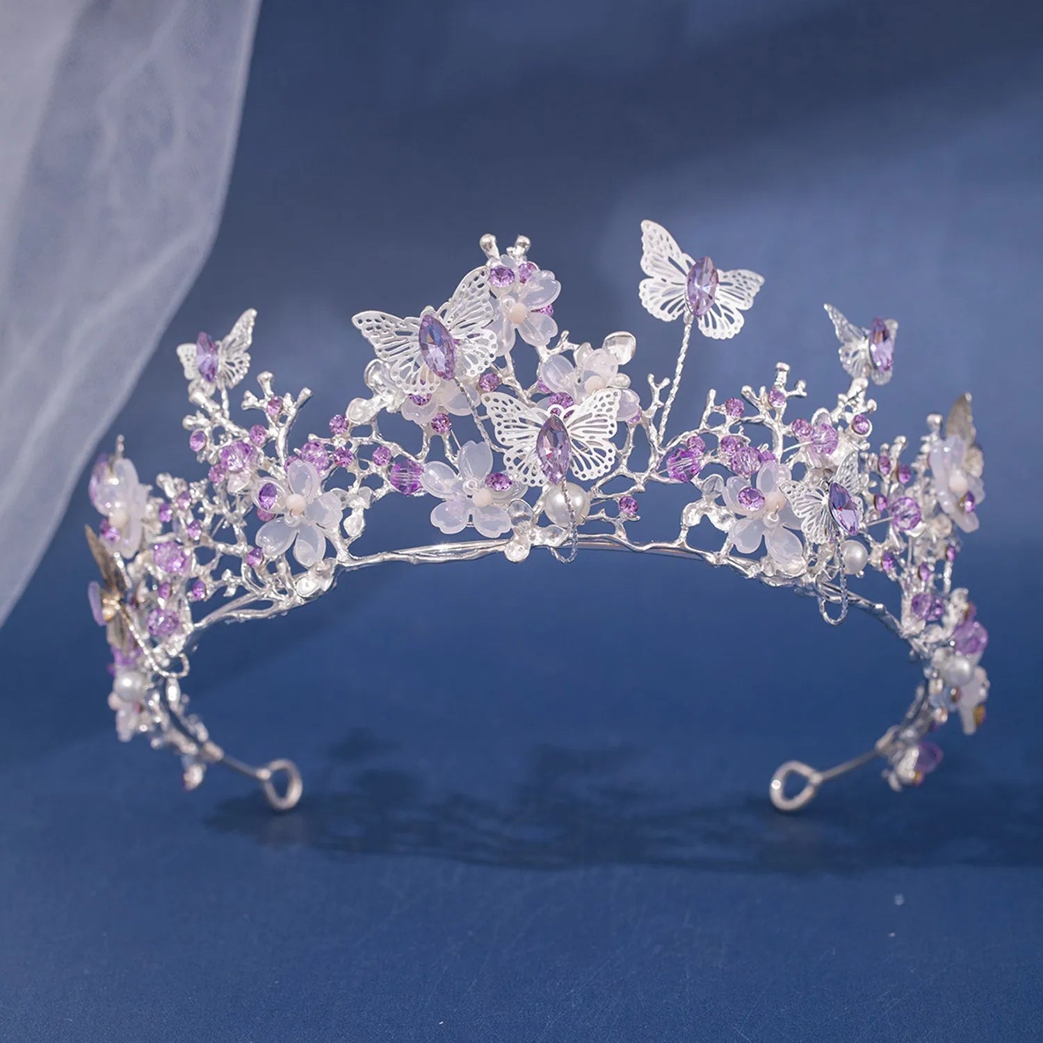 Baroque Silver Color Purple Crystal Butterfly Bridal Tiaras Crowns Headpiece Rhinestone Pageant Diadem Wedding Hair Accessories - EUFASHIONBAGS