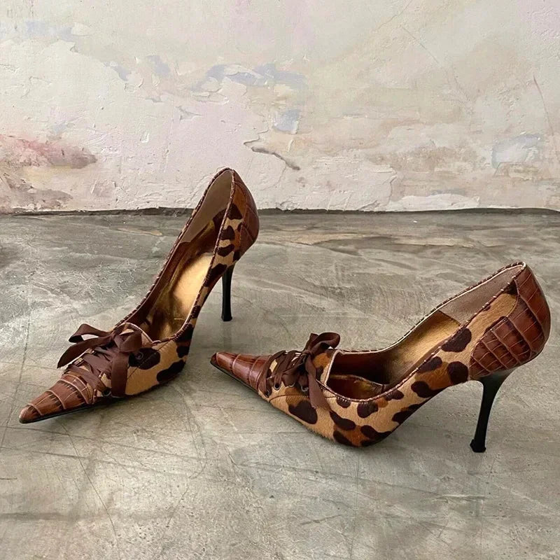 Leopard Sexy Pointed Thin High Heels Women Lace Up Rhinestone Designer Party Dress Shoes Shallow Brand Office Shoes Women Pumps