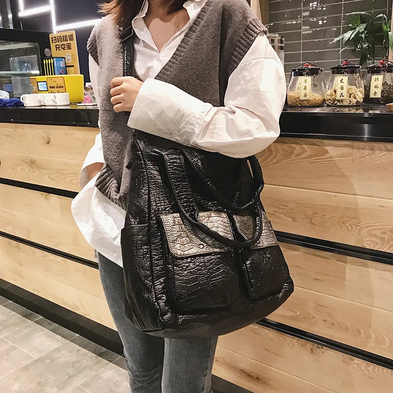 Big Soft Leather Women Bag Large Shoulder Shopper Tote Black Crocodile Crossbody Handbag Casual Female Travel Hobo Bag - EUFASHIONBAGS