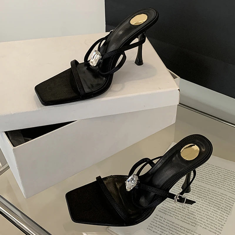 Sexy Fetish Black Sandal Female Crystal Diamond Narrow Band Ankle Strap Women Party Stripper Heels Banquet Shoes Sandalias - EUFASHIONBAGS