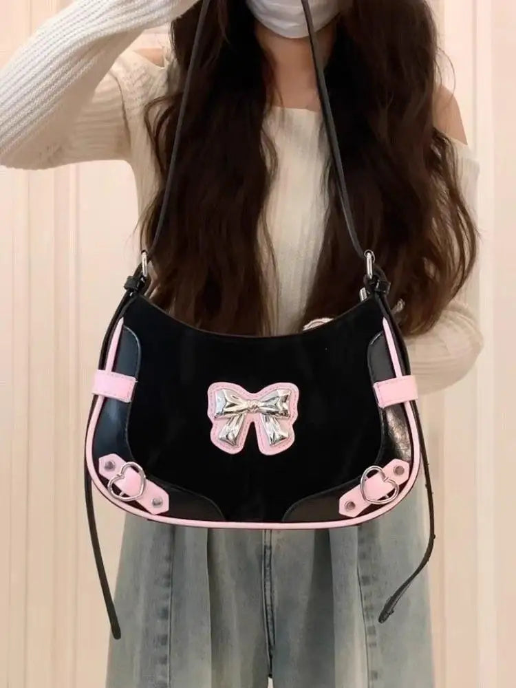 Black Y2k Shoulder Bags Purse Women Hot Girls Bow Chic Cute Handbag Female Fairycore Bag Aesthetic - EUFASHIONBAGS