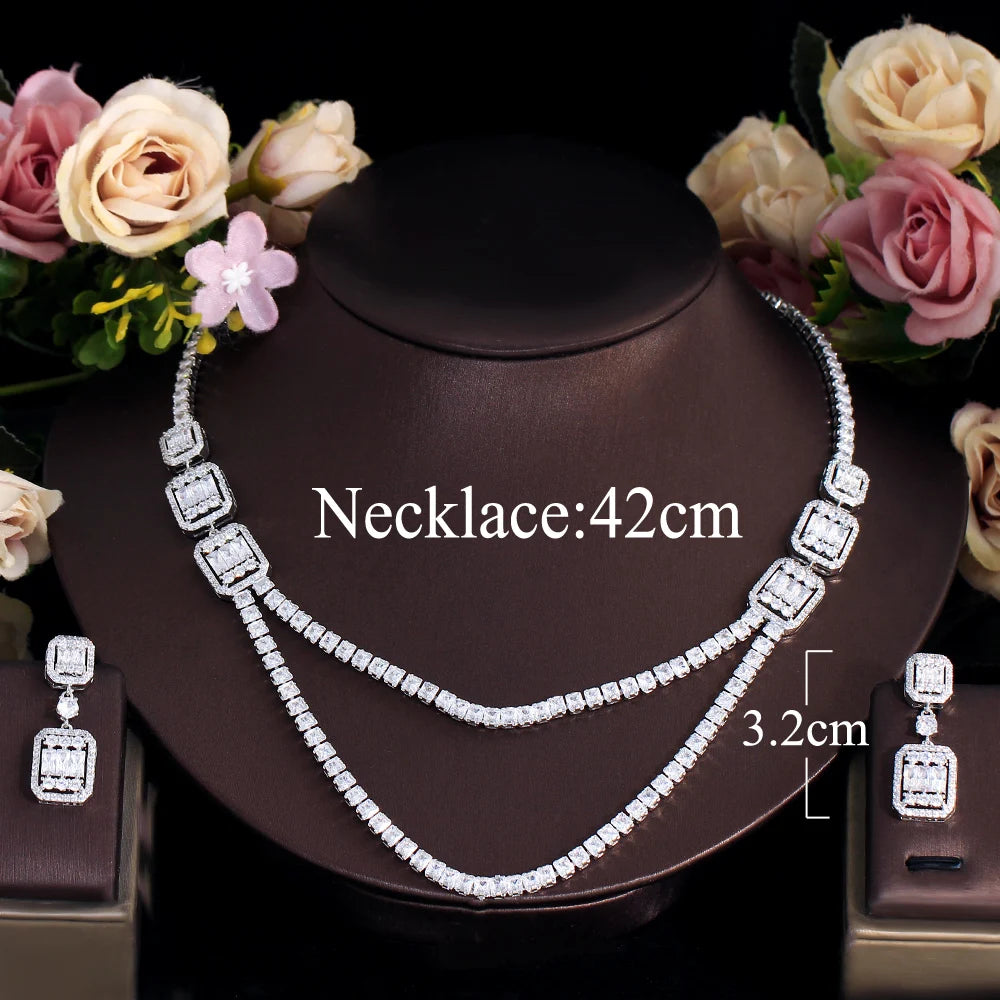 Shiny White Cubic Zirconia Double Layered Wedding Evening Necklace Bridal Party Wear Jewelry Sets for Women - EUFASHIONBAGS