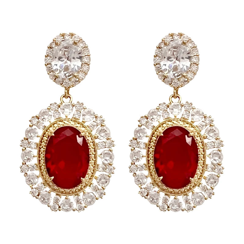 Aesthetic Gold Color Red CZ Hanging Earrings for Women Full Bling Iced Out Wedding Party Luxury Accessories Trend Jewelry