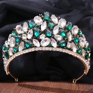 Baroque Luxury Queen Green Crystal Crown Flower Bridal Tiaras Women Princess Pageant Diadem Headpieces Wedding Hair Accessories