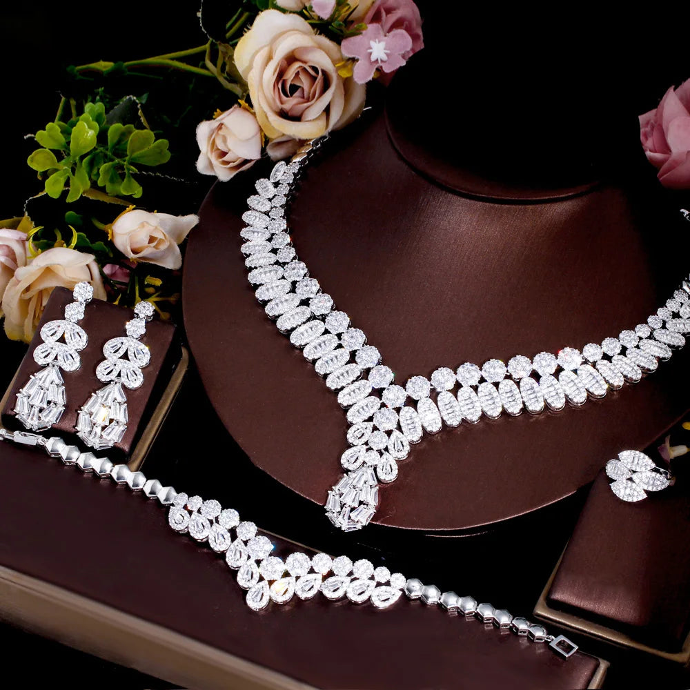 UAE Luxury Bling Heavy CZ Stone Paved 4pcs Saudi Arabia Bridal Party Jewelry Sets for Wedding Banquet Accessory