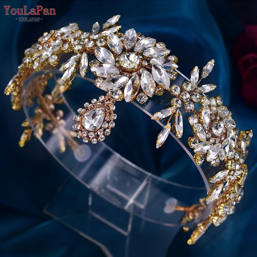 Golden Bridal Headband Forehead Crown for Wedding Hair Accessories Rhinestone Bride Tiara Women Headdresses HP440 - EUFASHIONBAGS